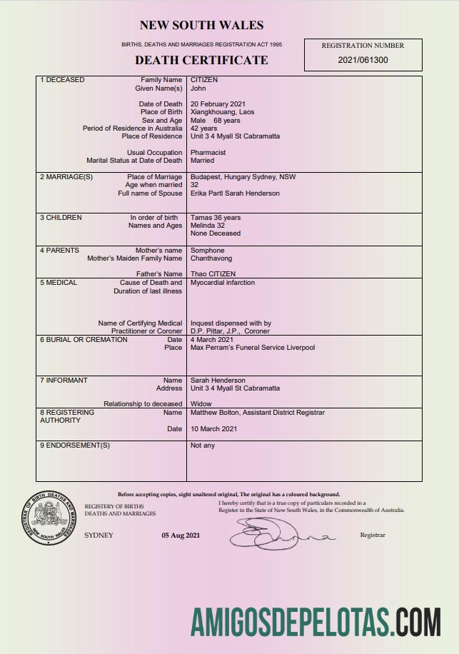 Para baixar modelo de certidão de óbito da Austrália Nova Gales do Sul em formato Word e PDF
